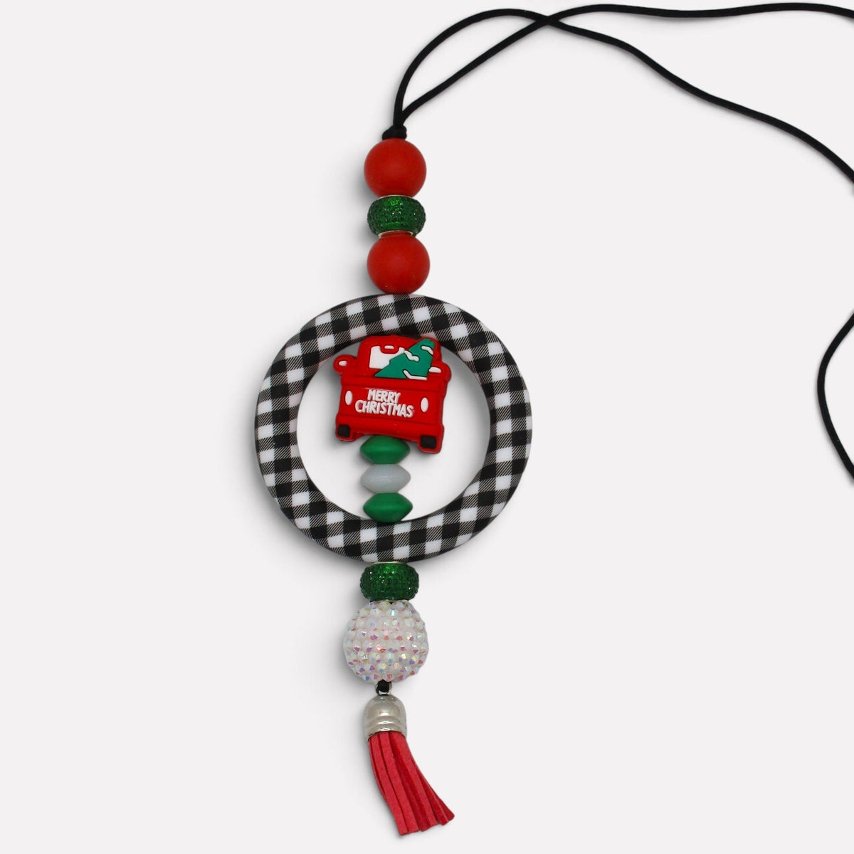Flutterby Creations handmade beadable car charm featuring a red truck, buffalo plaid ring, and red tassel.