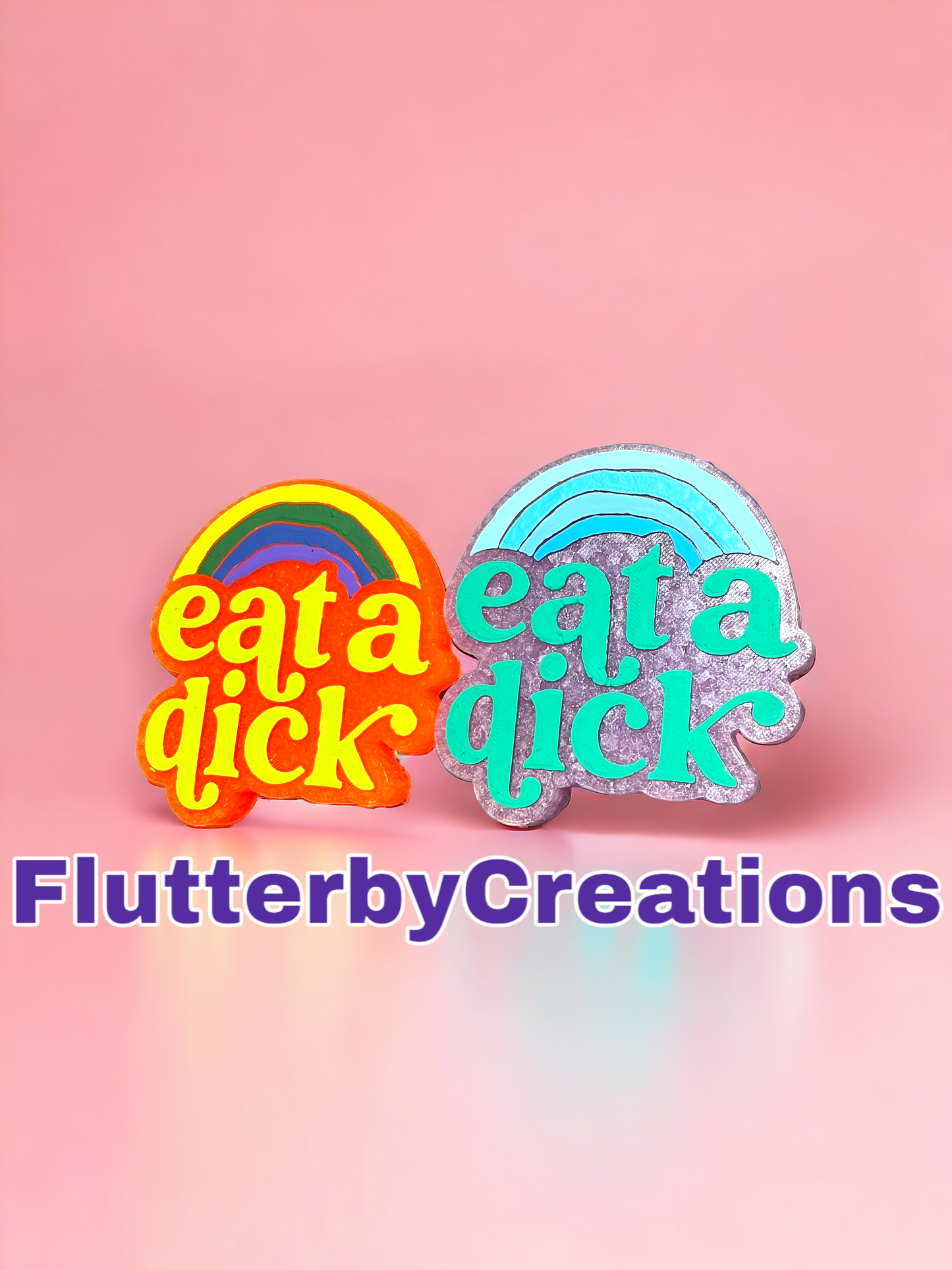 a pink background with the words eat a dick and a blue and yellow logo