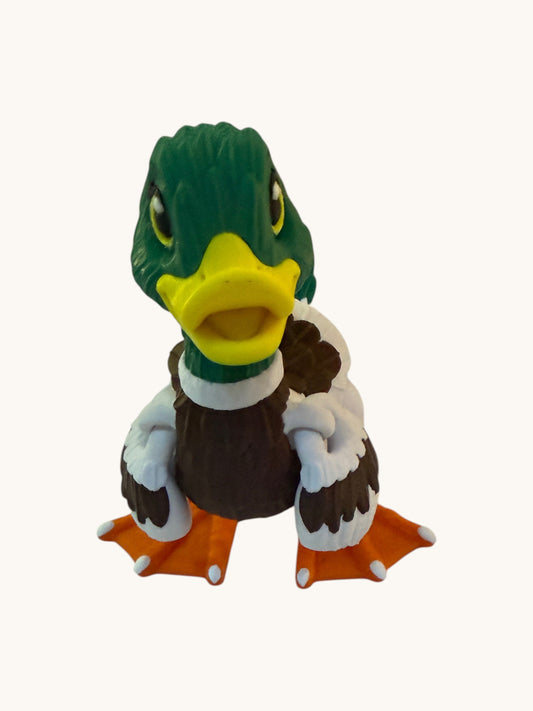 Flutterby Creations 3D mallard duck toy with green head, yellow beak, brown body, and white wings.