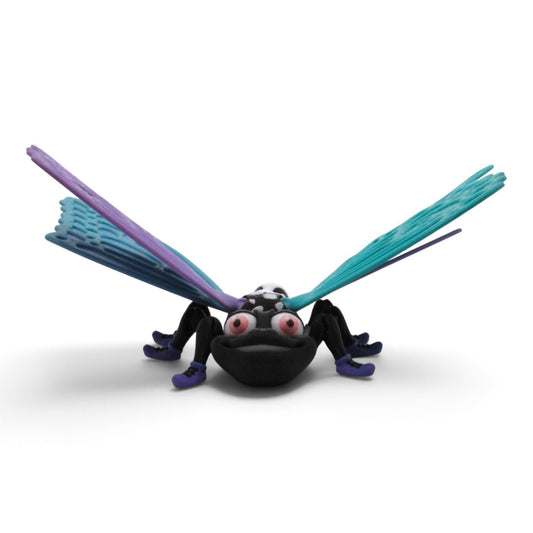 Flutterby Creations 3D printed FlutterShoe featuring a quirky black butterfly character with blue and purple wings.