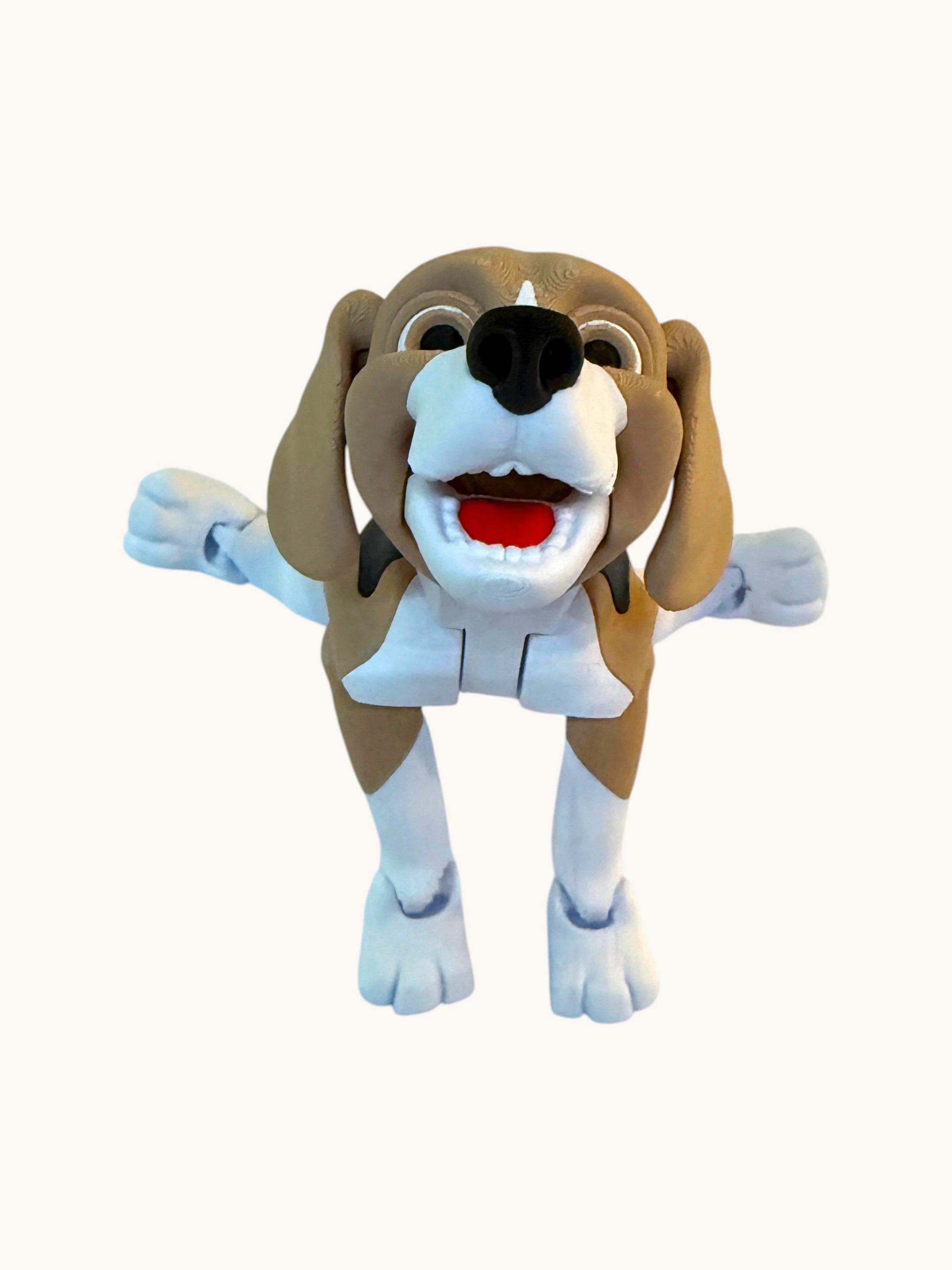 Flutterby Creations 3D printed beagle dog figurine with articulated limbs and a playful expression.