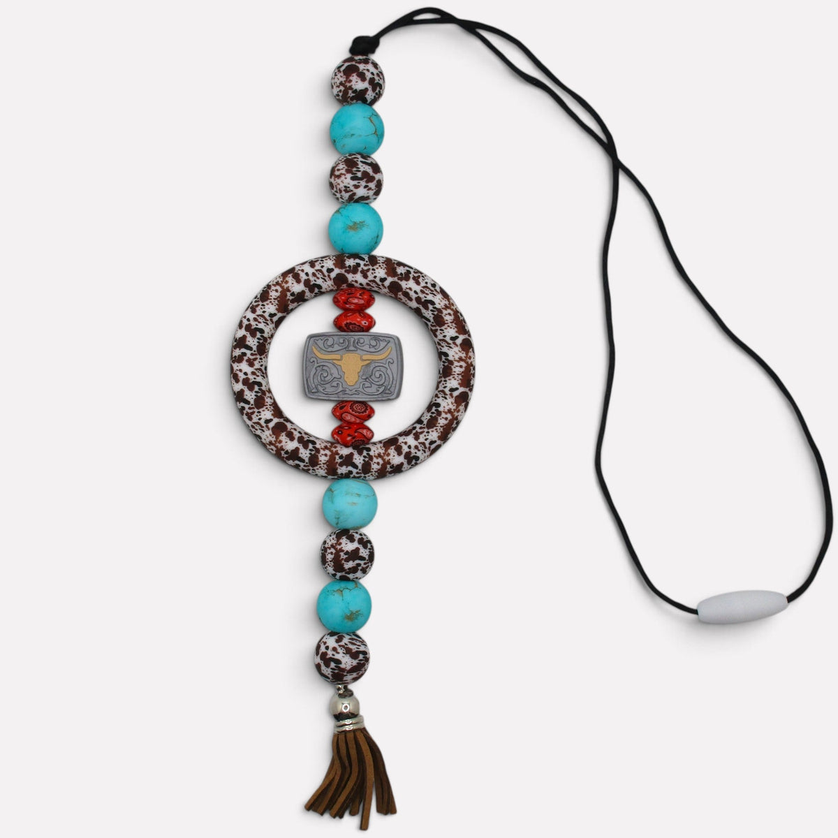 Flutterby Creations handmade beadable car charm with turquoise, cow print, and red beads featuring a longhorn charm.