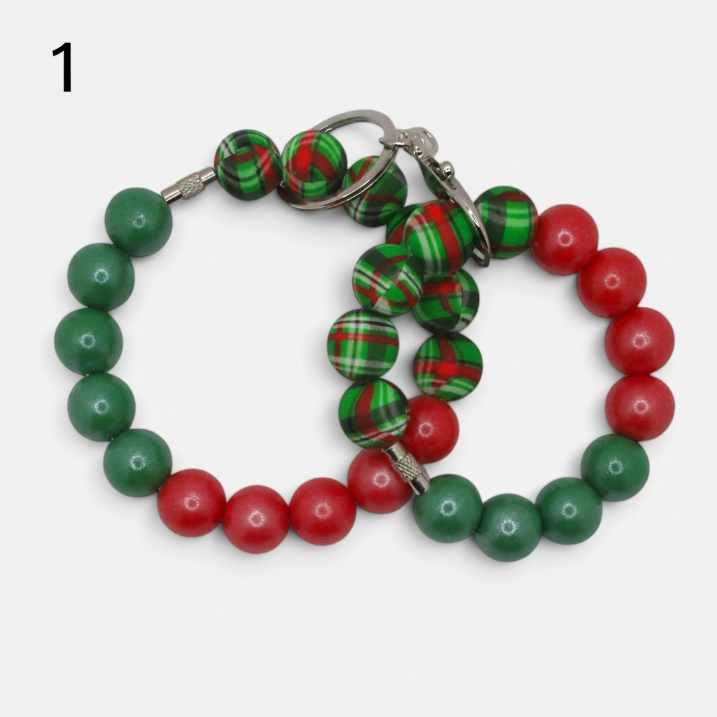 Flutterby Creations beadable wristlet car charms featuring red, green, and plaid patterned beads on metal rings.
