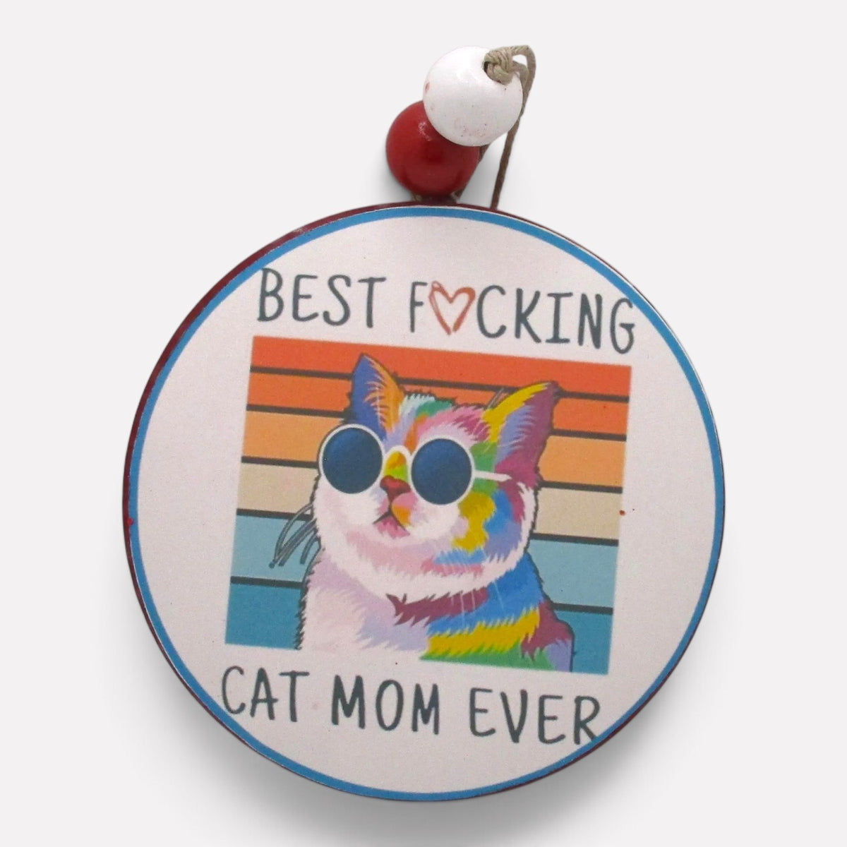 Flutterby Creations round car freshie featuring a colorful cat wearing sunglasses with Best Cat Mom Ever text