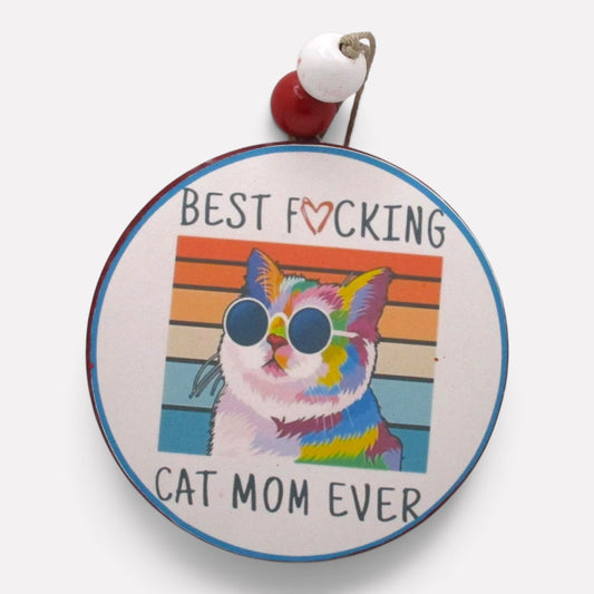 Flutterby Creations round car freshie featuring a colorful cat wearing sunglasses with Best Cat Mom Ever text