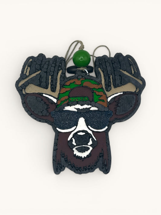 Flutterby Creations Cool Buck car air freshener, a deer head with sunglasses and camo cap.