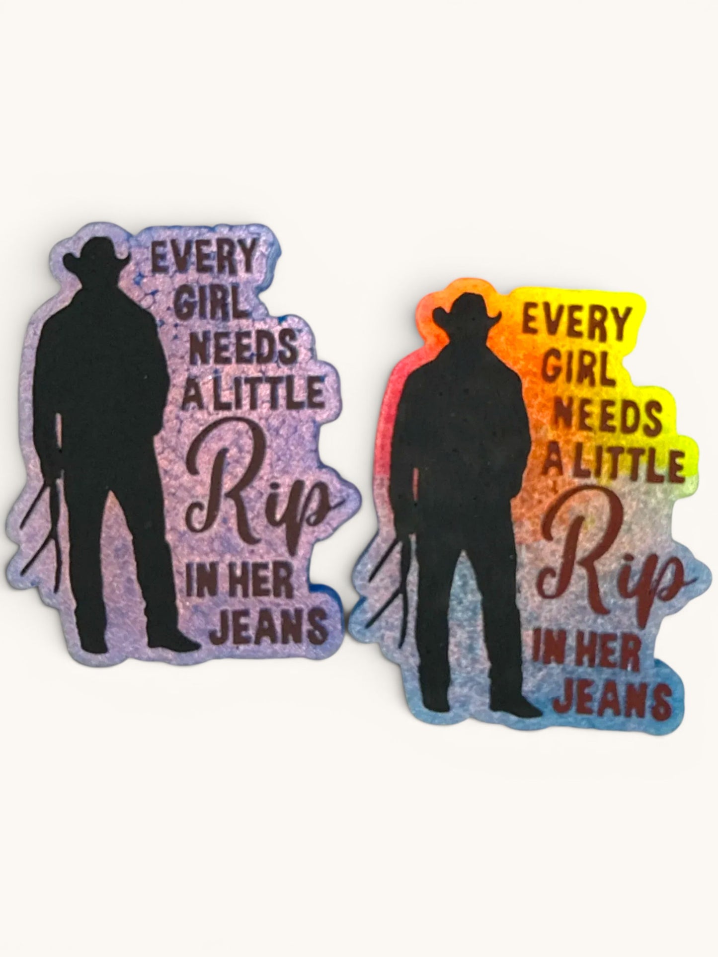 Flutterby Creations cowboy silhouette with text "Every girl needs a little Rip in her jeans" on purple and sunset backgrounds.