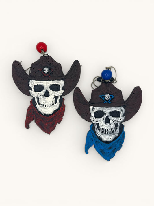 Flutterby Creations cowboy skull freshie with red or blue bandana and cowboy hat.