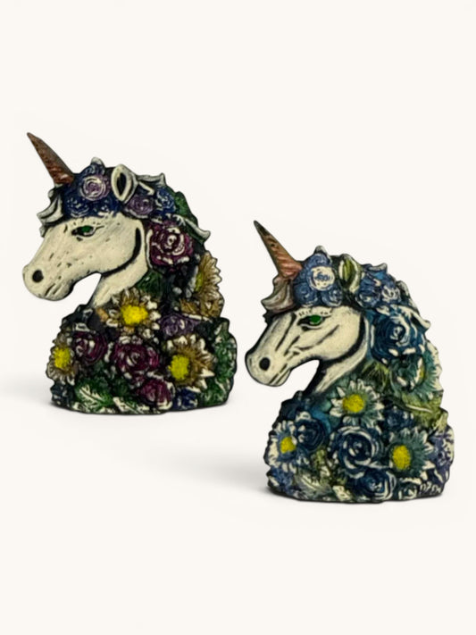 Flutterby Creations set of two floral unicorn figurines with detailed flowers and horns.