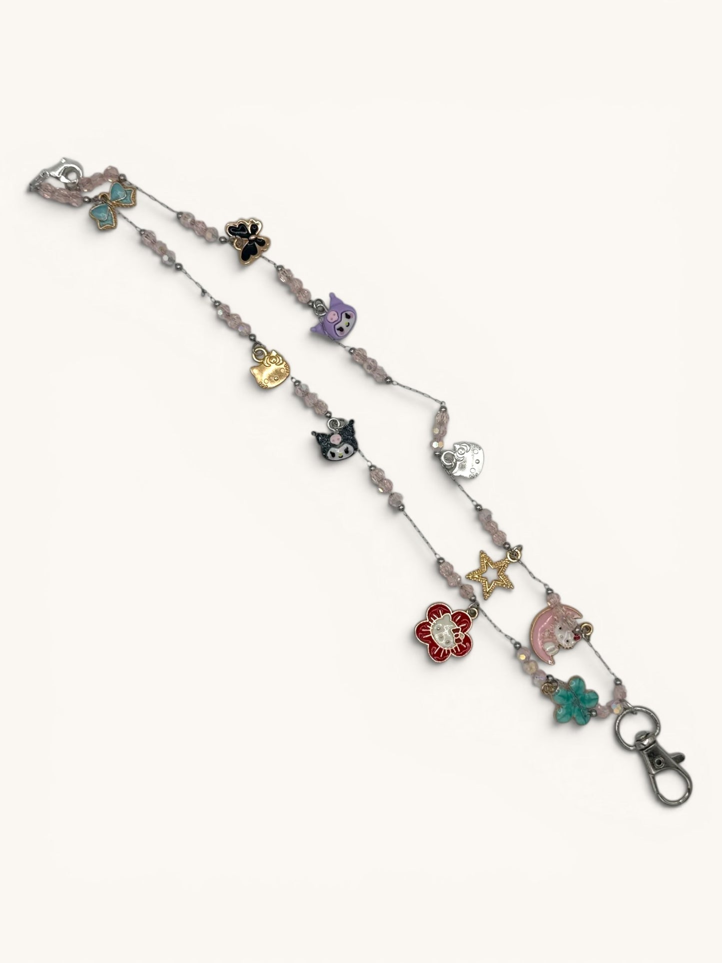 Flutterby Creations Freshie Hangers with pink beads, charms of cats, stars, flowers, and bows, featuring a clasp for hanging.