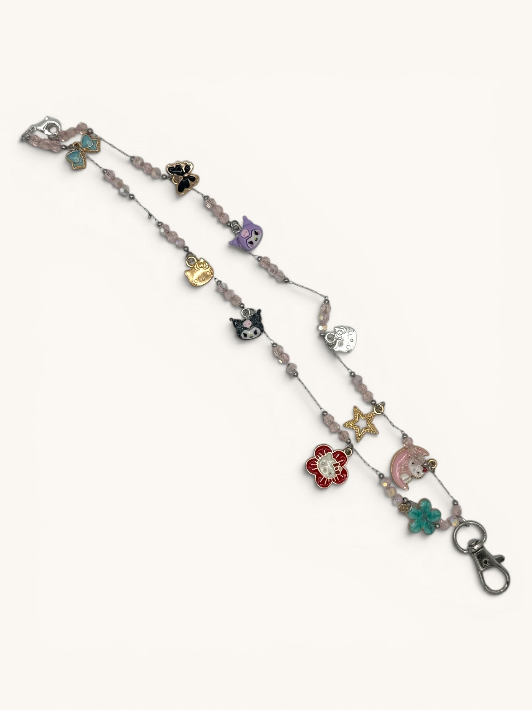 Flutterby Creations Freshie Hangers with pink beads, charms of cats, stars, flowers, and bows, featuring a clasp for hanging.