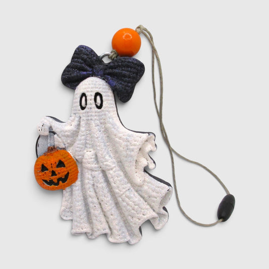 Flutterby Creations handmade 3D ghost car freshie with a black bow and pumpkin, scented aroma beads for Halloween.