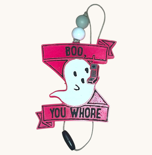 Flutterby Creations Halloween car freshie, white ghost holding a phone with 'Boo, You Whore' text on pink banners.