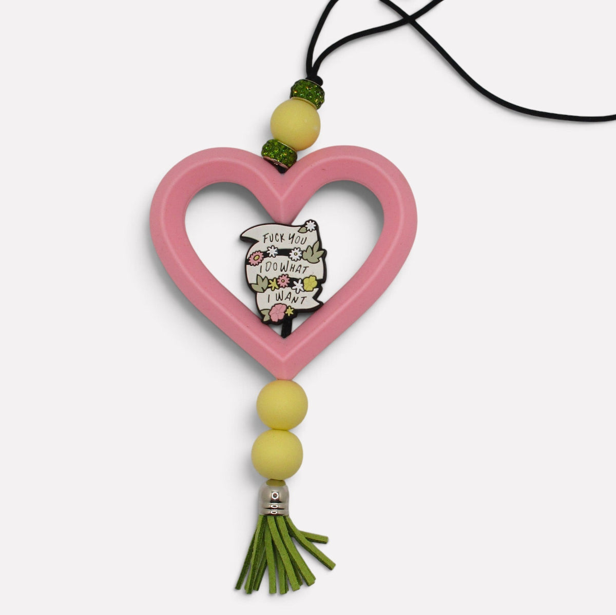 Flutterby Creations handmade heart-shaped beadable car charm with yellow beads, green tassel, and floral quote charm.