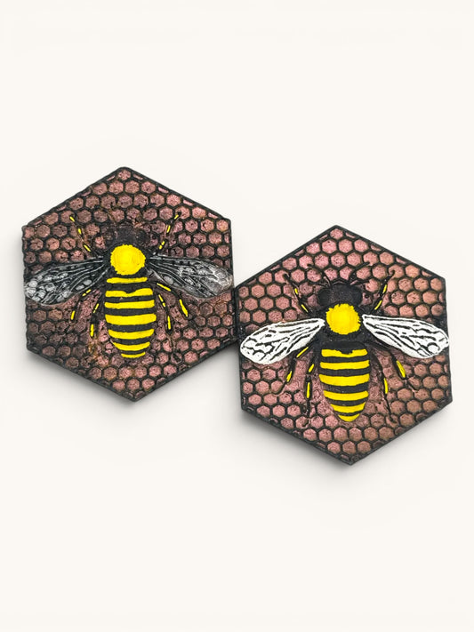 Flutterby Creations Honeycomb Buzz car freshie with a 3D bee design on a honeycomb background. Yellow and black.
