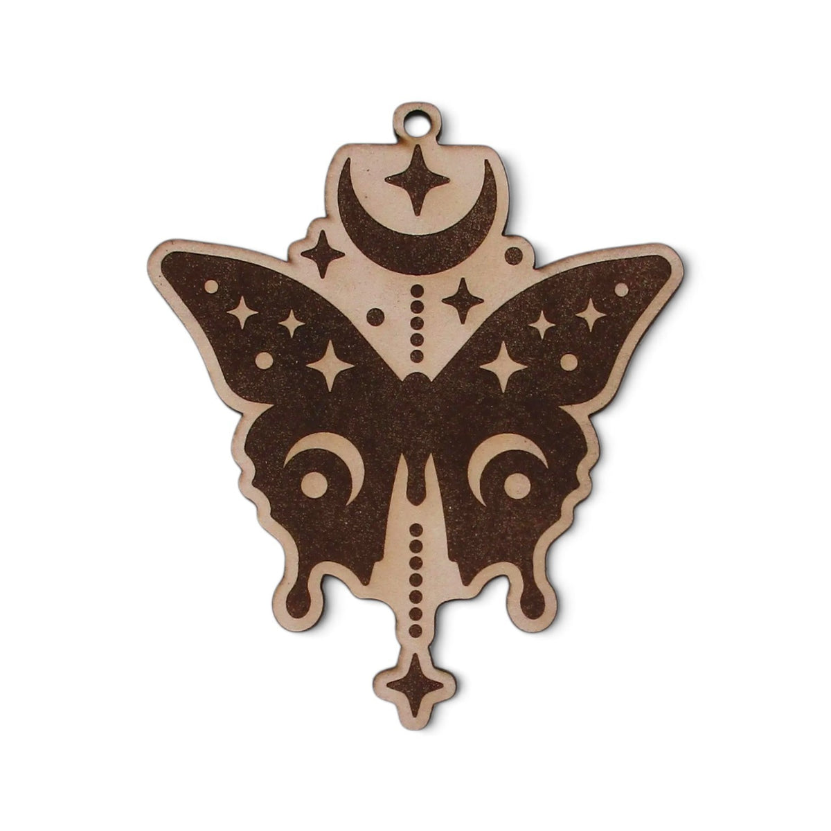 Flutterby Creations laser-cut leather butterfly car freshie with celestial moon and star engravings