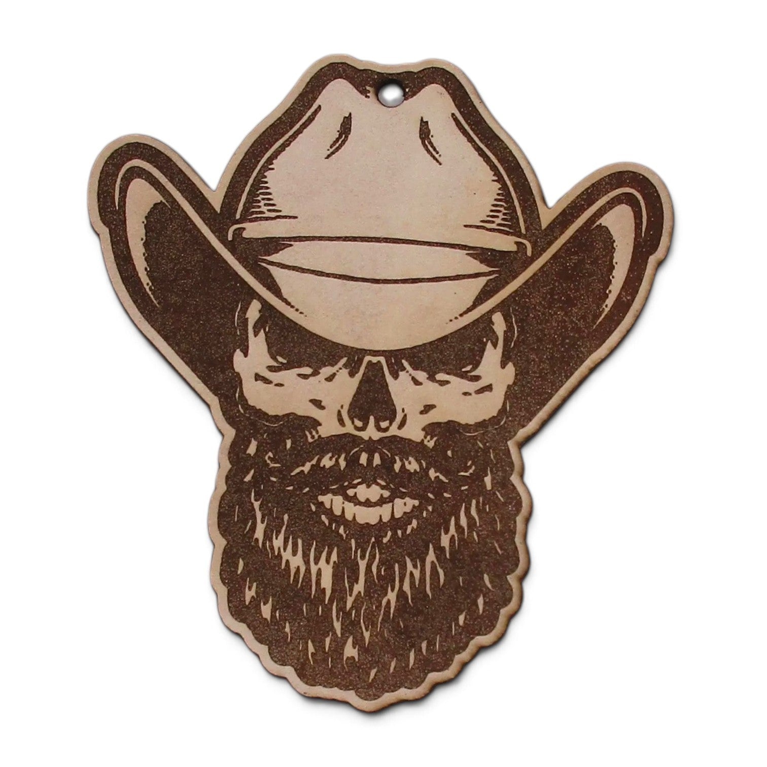 Flutterby Creations laser-cut leather car freshie shaped like a bearded skull wearing a cowboy hat