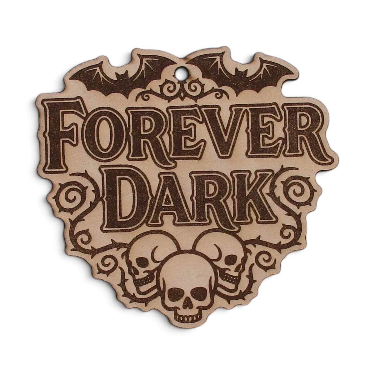 Flutterby Creations laser-cut leather car freshie featuring Forever Dark text, bats, and skull designs.
