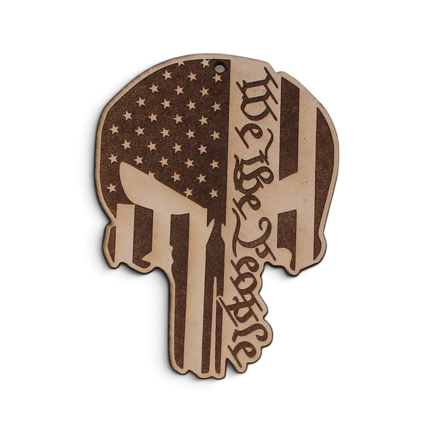 Flutterby Creations laser-cut leather car freshie shaped like a skull with American flag and We The People design.