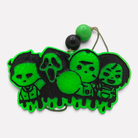 Flutterby Creations Lil Scaries neon green and black handmade aroma bead car freshie featuring spooky horror icons