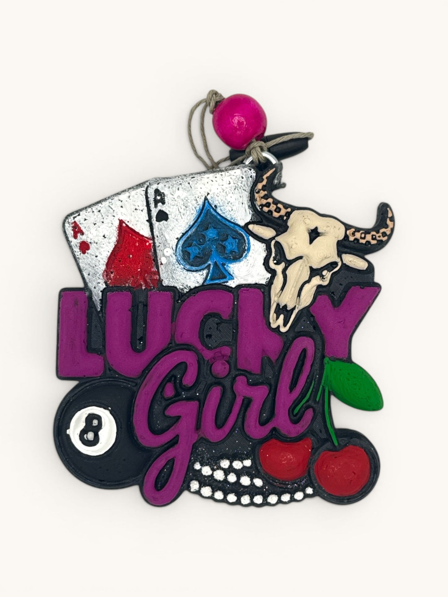 Flutterby Creations Lucky Girl freshie with ace cards, 8 ball, cherries, cow skull, and pearl necklace.