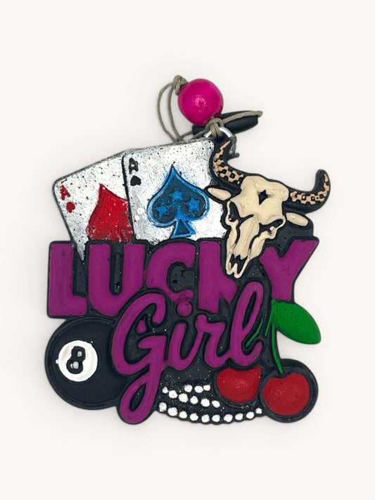Flutterby Creations Lucky Girl freshie with ace cards, 8 ball, cherries, cow skull, and pearl necklace.