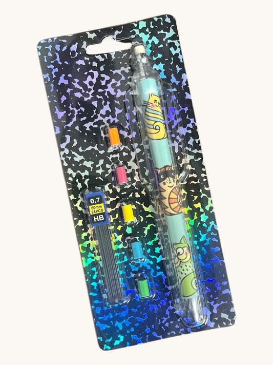 Flutterby Creations light blue mechanical pencil with cute cat illustrations, includes 0.7mm HB lead and 6 colorful erasers.
