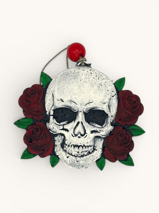 Flutterby Creations 3D Rose Skull freshie with red roses and green leaves, black eye sockets, and a red bead accent.