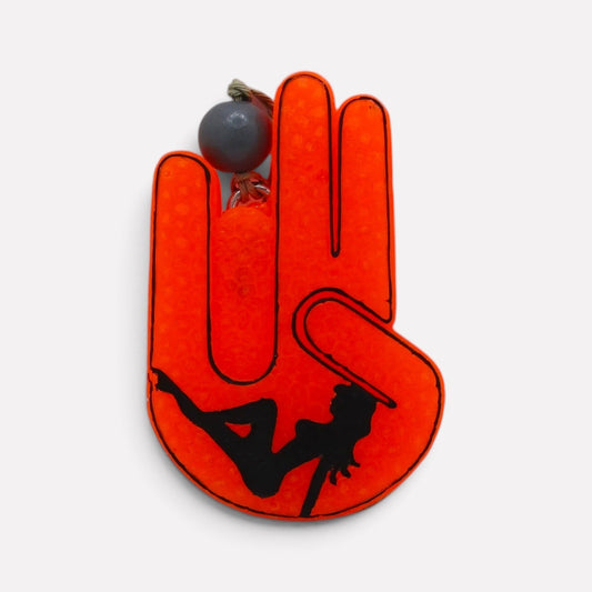 Flutterby Creations Shocker hand gesture car freshie in bright neon orange with a black silhouette design
