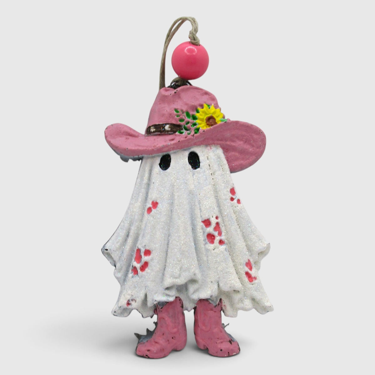 Flutterby Creations 3D ghost car freshie wearing a pink cowboy hat, boots, and floral accents with a glittery finish.