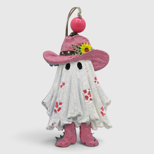 Flutterby Creations 3D ghost car freshie wearing a pink cowboy hat, boots, and floral accents with a glittery finish.