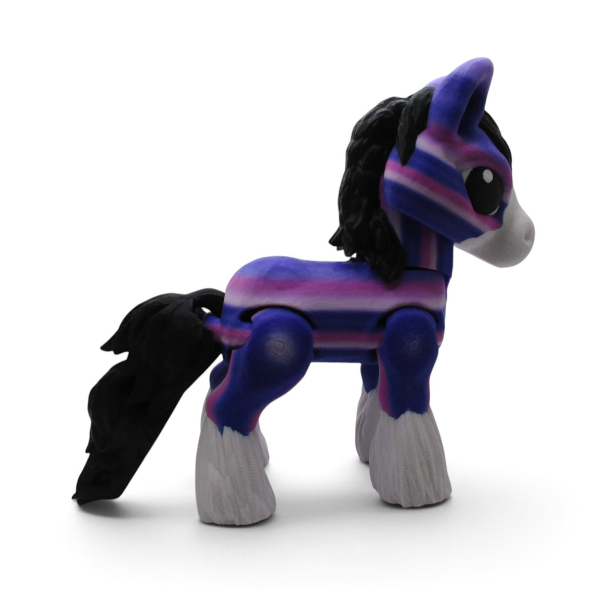 Flutterby Creations large 3D printed Clydesdale horse figurine with purple, pink, and white stripes and black mane.