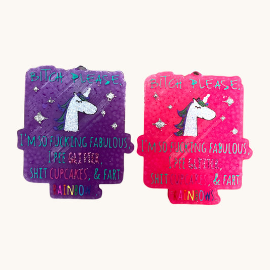 Flutterby Creations purple and pink resin charms with unicorns and sassy text: "Bitch Please, I'm So Fucking Fabulous, I Pee Glitter, Shit Cupcakes, & Fart Rainbows."
