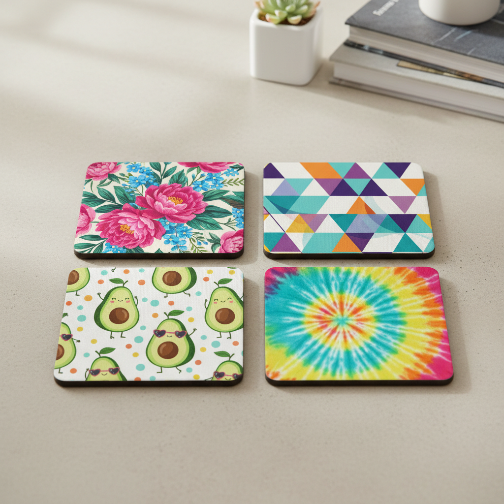 Set of 4 custom sublimated coasters with vibrant printed designs on a neutral surface