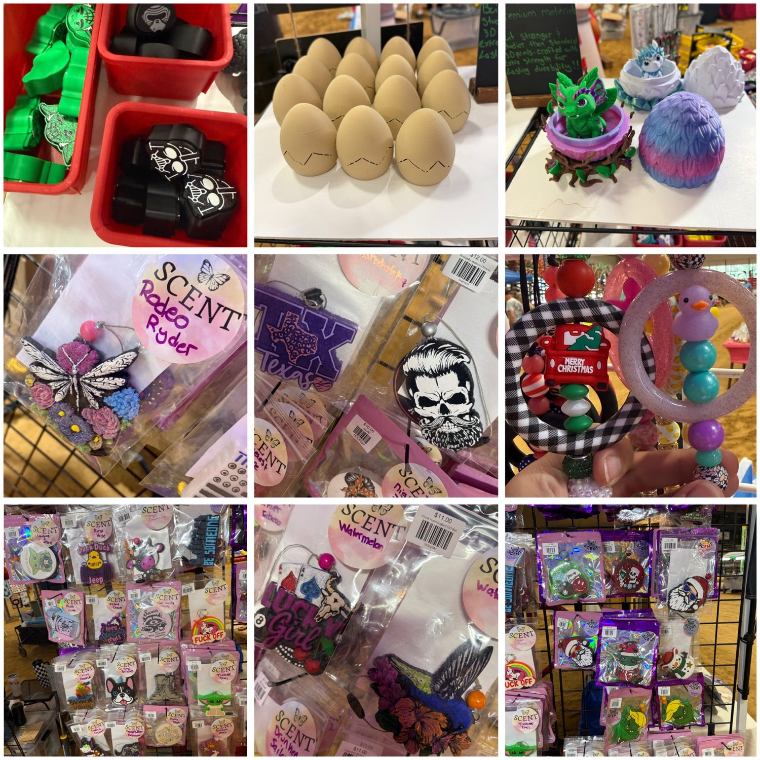 Flutterby Creations vendor booth featuring handmade car freshies and 3D printed products